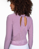 بلوز ورزشی آستین بلند زنانه پشت باز رنگ یاسی با ترکیب پارچه اسلپ