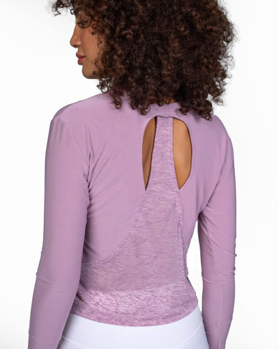 بلوز ورزشی آستین بلند زنانه پشت باز رنگ یاسی با ترکیب پارچه اسلپ