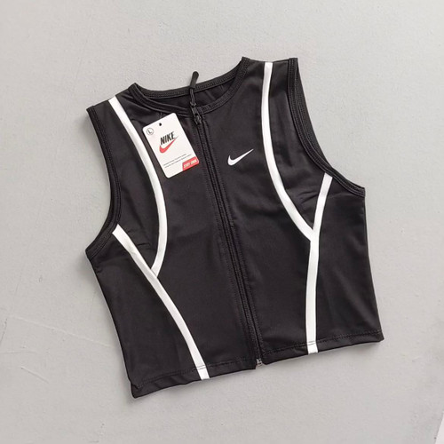 کراپ ورزشی مشکی زیپ دار نایک با نوار دوزی سفید و جنس فلامنت