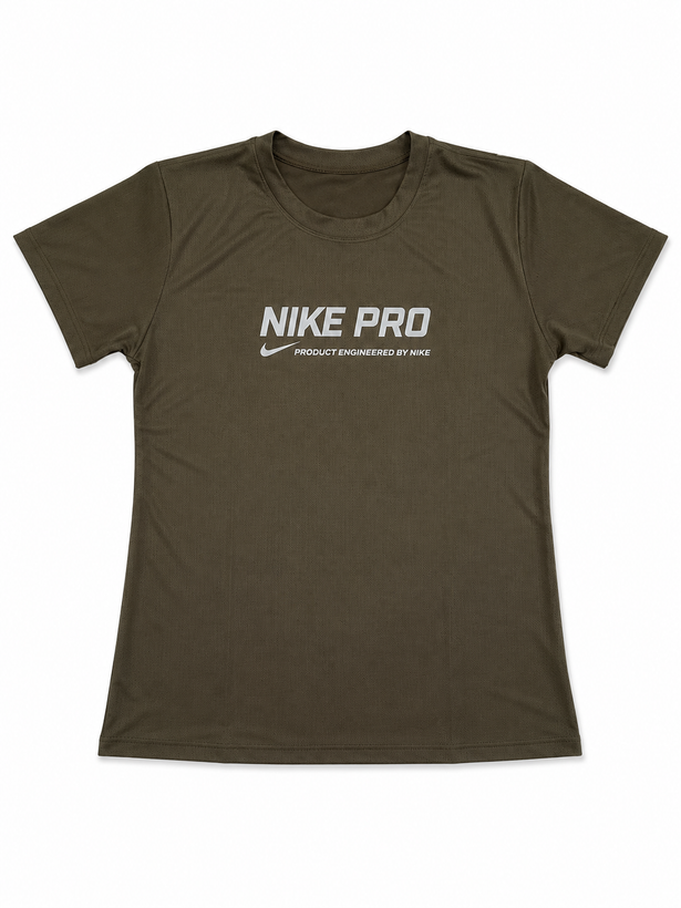 تیشرت ورزشی زنانه Nike Pro فلامنت سوزنی رنگ زیتونی مناسب بدنسازی و هوازی